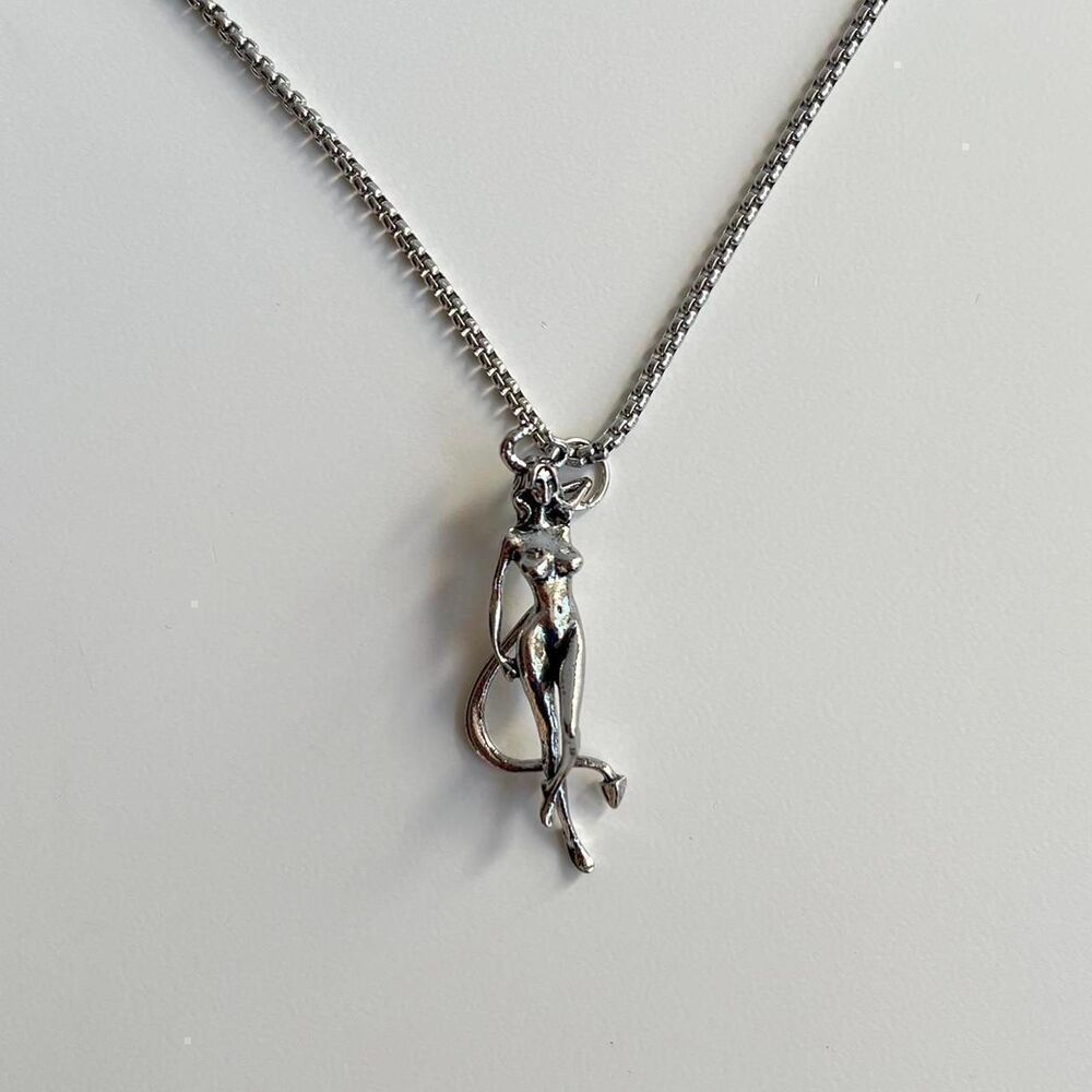 y2k silver heavy metal punk grunge emo devil girl pendant necklace - Picture 7 of 8